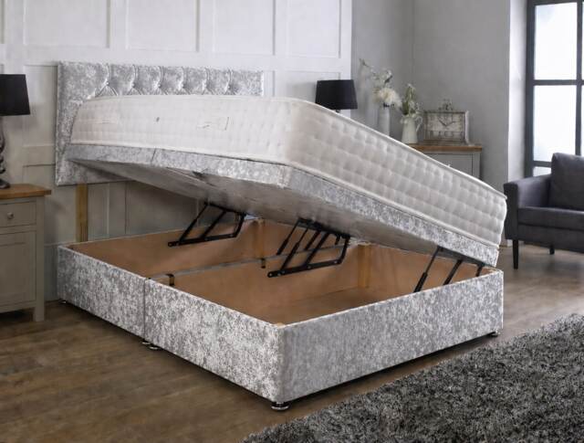 Side Lift Crushed Velvet Silver Ottoman Bed Set 6ft Superking