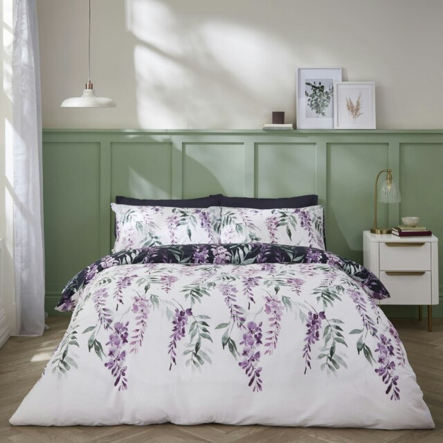 Catherine Lansfield Wisteria Floral Reversible Single Duvet Cover Set White/Navy