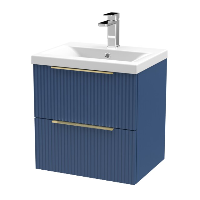 Balterley Fluted Front Wall Hung 2-Drawer Bathroom Vanity Unit with 1 Tap Hole Basin, Handles Blue Satin Blue