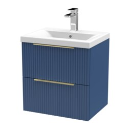Balterley Fluted Front Wall Hung 2-Drawer Bathroom Vanity Unit with 1 Tap Hole Basin, Handles Blue Satin Blue