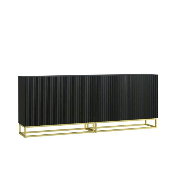 Black Sideboard 200cm Fluted Doors Gold Frame Modern Storage Unit Multi