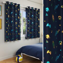 Enhanced Living Infinity Room Darkening Thermal Blue Metallic Print Kid's Eyelet Curtains (PAIR) 66 x 72 inch (168x183cm) Blue Blue 2