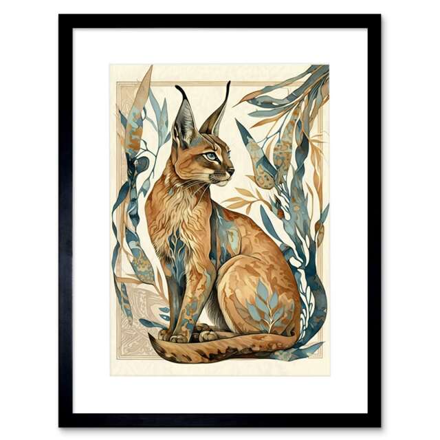 "Caracal Cat Teal Plants Modern Art Nouveau 9x7"" Black Framed Wall Art Print"