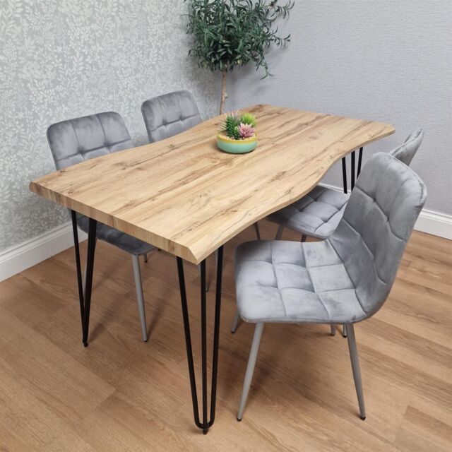 Wooden Dining Table and 4 Grey Velvet Chairs - Stylish Dining Room Furniture