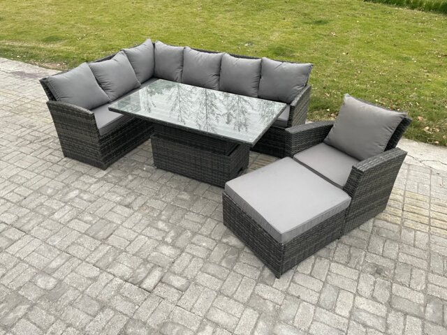 Fimous Wicker PE Outdoor Rattan Garden Furniture Set Height Adjustable Rising Lifting Table Sofa Dining Set with Big Footstool Armchair Dark Grey Mixed