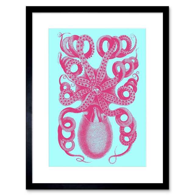 "Vintage Octopus Vibrant Pink Turquoise Sea Life Design 9x7"" Black Framed Wall Art Print"