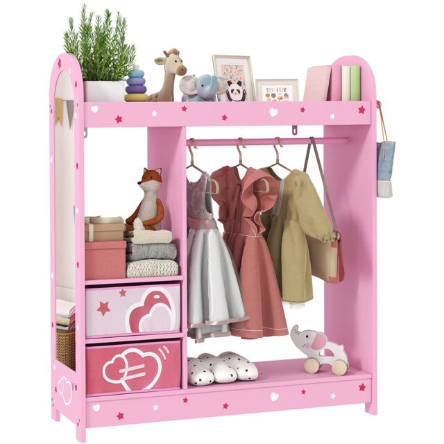 AIYAPLAY Kids Wardrobe, Kids Clothes Rail with Mirror for Bedroom, Pink