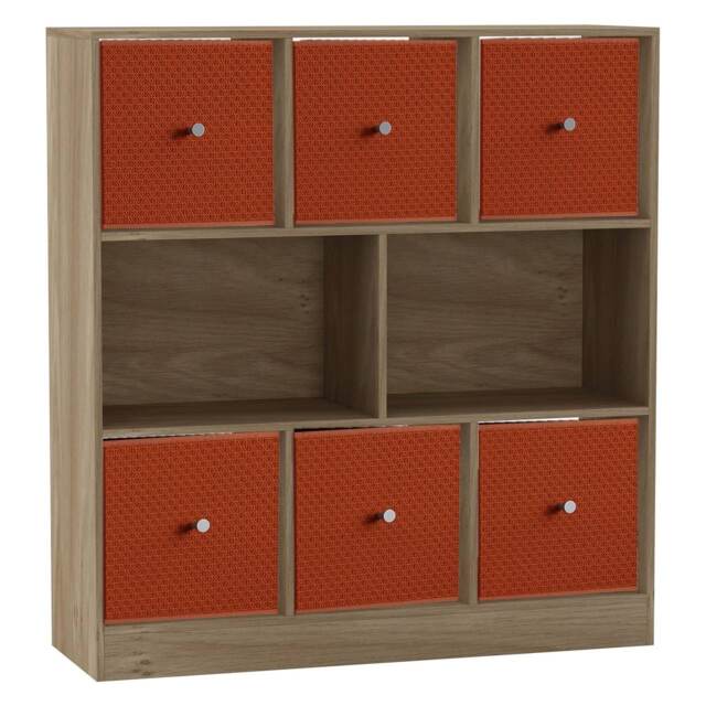 Asymmetrical 8 Cube Bookcase Unit w/ 6 Drawer Inserts Brown Oak & Orange 8
