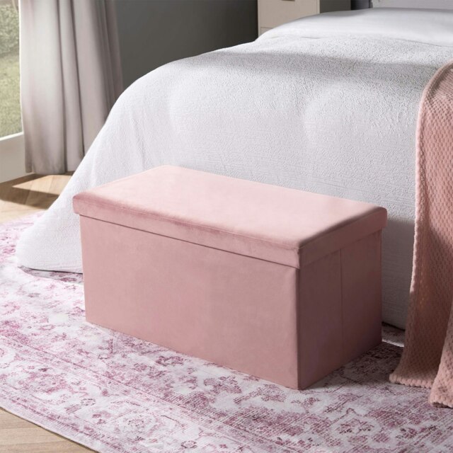 OHS Matte Velvet Soft Long Rectangle Foldable Footstool Seat Storage Organiser Ottoman Pink Blush Pink