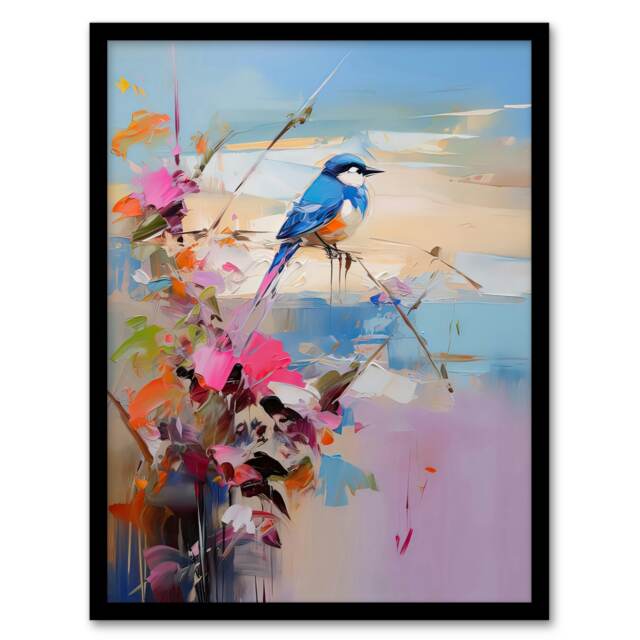 Floral Bird Flowers Oil Painting Abstract Black Framed Wall Art Print A4