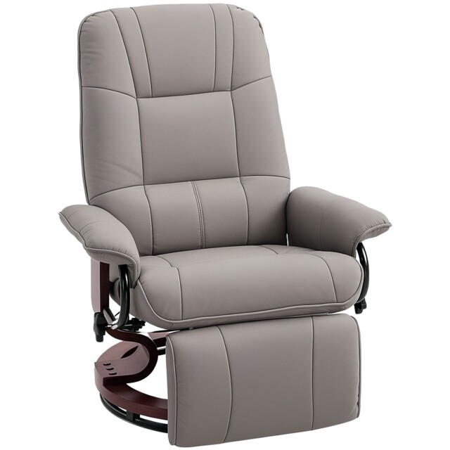 HOMCOM 360 Swivel Recliner Chair with Footstool, Manual Recliner Armchair with Wooden Base, PU Leather Upholstered Reclining Chair for Living Room, Bedroom, Office, Grey