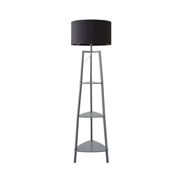 ValueLights Hiru Grey 3 Tier Shelf Floor Lamp Black Shade Black