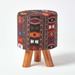 Homescapes Tall Kilim Footstool with Wooden Legs Red 32 x 32 x 42 cm