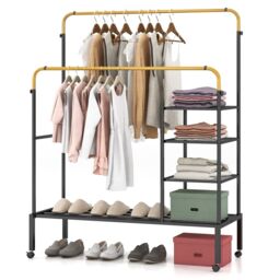 COSTWAY Rolling Clothes Drying Rack Adjustable Double Rods Garment Rack Golden