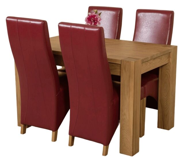 Kuba 125 x 80 cm Chunky Oak Small Dining Table and 4 Lola Leather Chairs Red Red