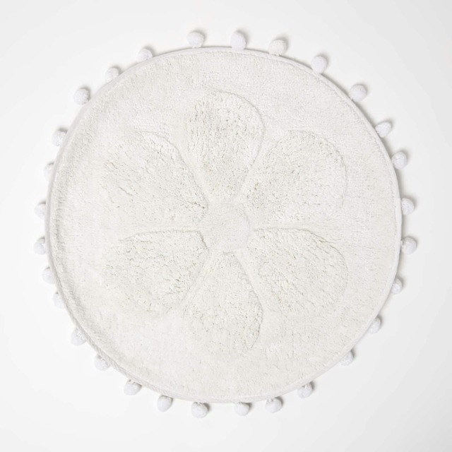 Homescapes Floral Bath Mat White Cotton with Pom Pom Edges White