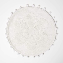 Homescapes Floral Bath Mat White Cotton with Pom Pom Edges White