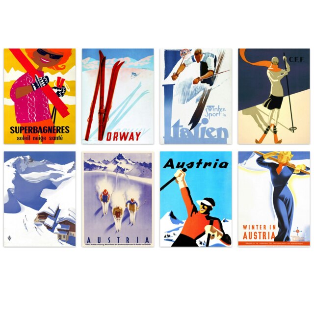 Pack of 8 Vintage Winter Sport Skiing Ski Austria Italy France Norway Wall Art Print A4
