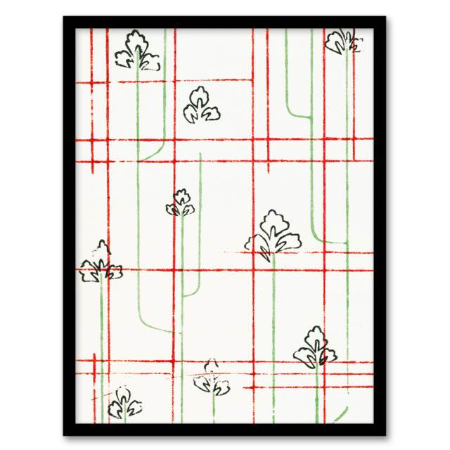 "Leaf Lines Shima Textile Pattern Japanese Framed Wall Art Print Korin 12x16"""
