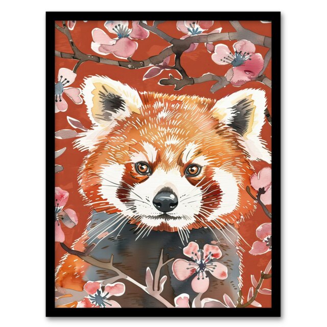 Red Panda Cherry Blossom Tree Branch Watercolour Black Framed Wall Art Print A4