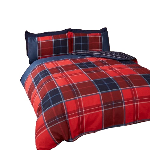 Argyle Design Tartan Polycotton Duvet Set With Pillowcase Red 1