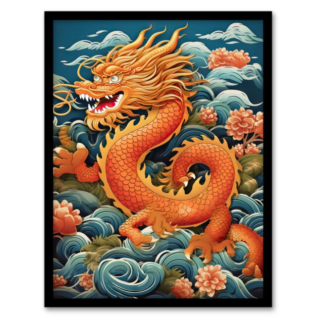 Fantasy Chinese Dragon Traditional Orange Clouds Black Framed Wall Art Print A4