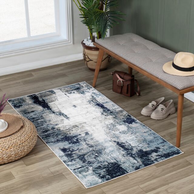 LIVABLISS Wanderlust-Abstract Modern Marble Rug 80 x 150 cm Blue Grey Black