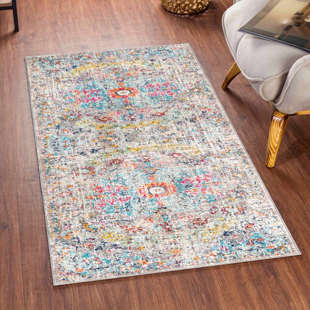 LIVABLISS Harput-Vintage Traditional Boho Rug 80 x 150 cm Blue Orange Yellow Grey