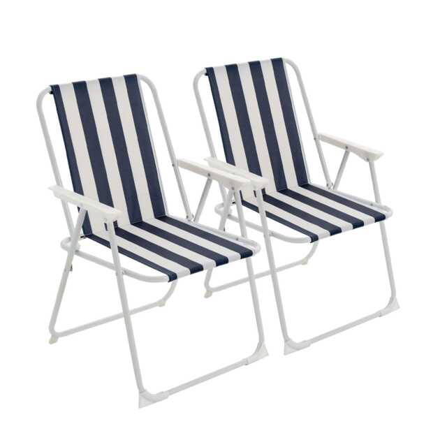 Harbour Housewares Folding Metal Beach Chairs - Blue Stripe - Pack of 2 Portable Outdoor Garden Camping Festival Seats