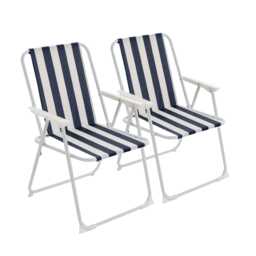 Harbour Housewares Folding Metal Beach Chairs - Blue Stripe - Pack of 2 Portable Outdoor Garden Camping Festival Seats