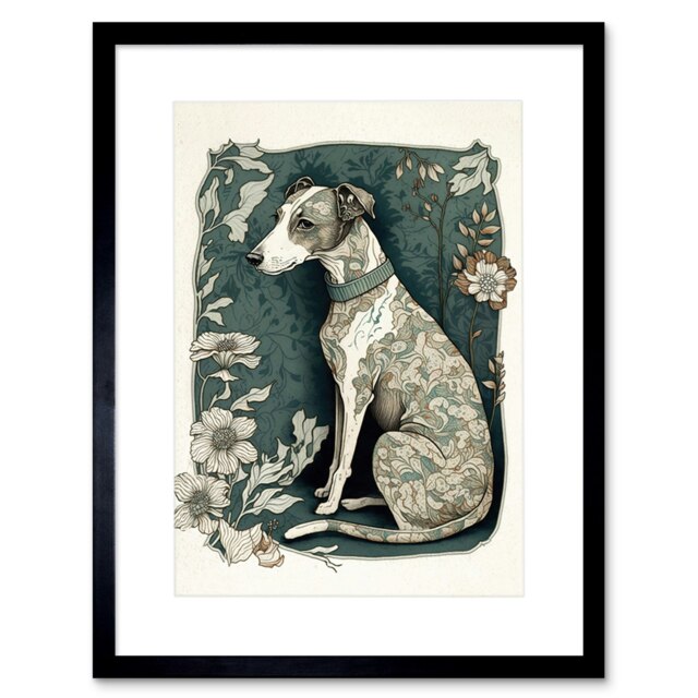 "Whippet Dog Floral Pattern Fur Coat Art Nouveau 9x7"" Black Framed Wall Art Print"