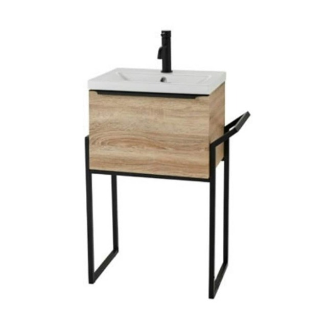 Bathroom 500mm Wall Mounted Drawer Unit, Ceramic Basin & Frame Sonoma Oak - (Central) - Brassware Not Included Brown Brown 1