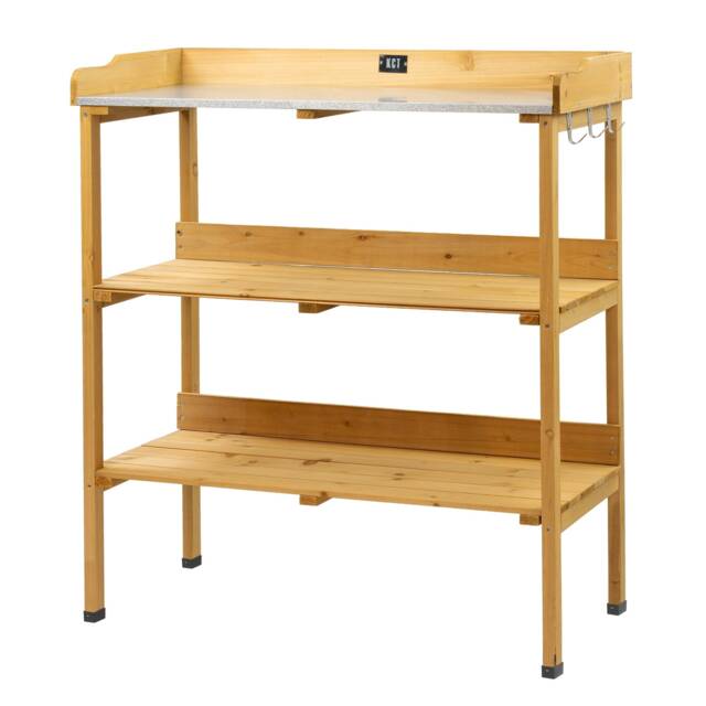 KCT 3 Tier Potting Table Bench Outdoor Garden Wooden Station for Greenhouse Shed Workbench Gardening Planting Plant Station Stand Brown