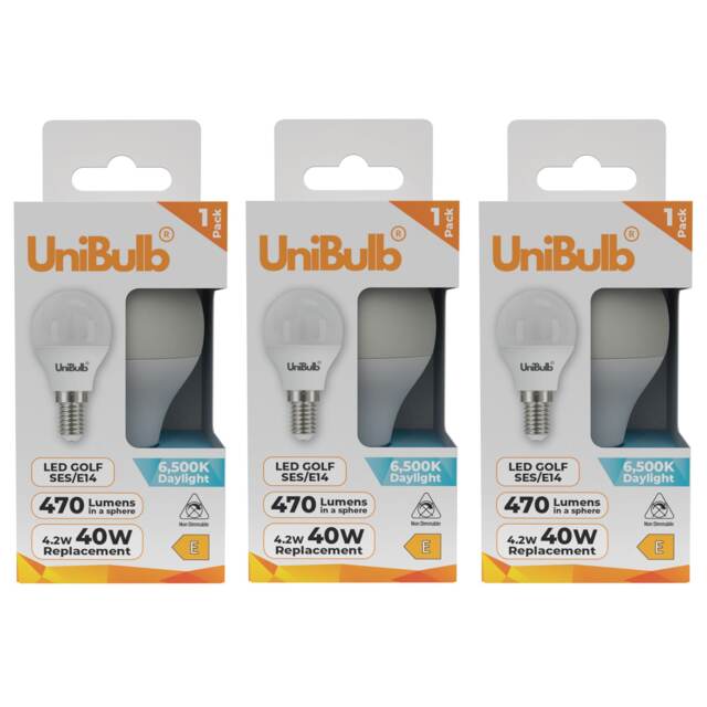 UniBulb LED Golf Ball E14 Small Edison Screw (SES) 470lm 4.2W (Replaces 40W) 6500K (Daylight) Light Bulb - Pack of 3