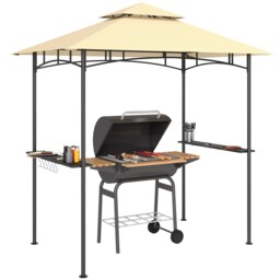 Outsunny 2.4 x 1.5 m Grill Gazebo Canopy with LED Lights, Double Tiered Outdoor BBQ Gazebo Shelter with 2 Side Shelves, Storage Basket and Hooks for Garden, Barbecue, Picnic, Beige