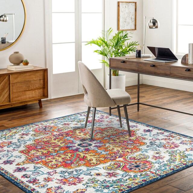 LIVABLISS Harput-Vintage Traditional Boho Square Rug 152 x 152 cm Blue Orange Yellow Grey