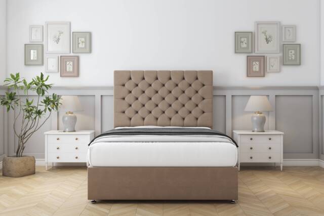 "Sloomy Mayfair Mink Plush Divan Bed With Mattress No Drawers With 26"" Strutted Headboard 5' King Brown Mink King 1"