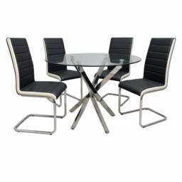 Round Glass Dining Table with 4 black Faux Leather Chairs Dining Room Furniture