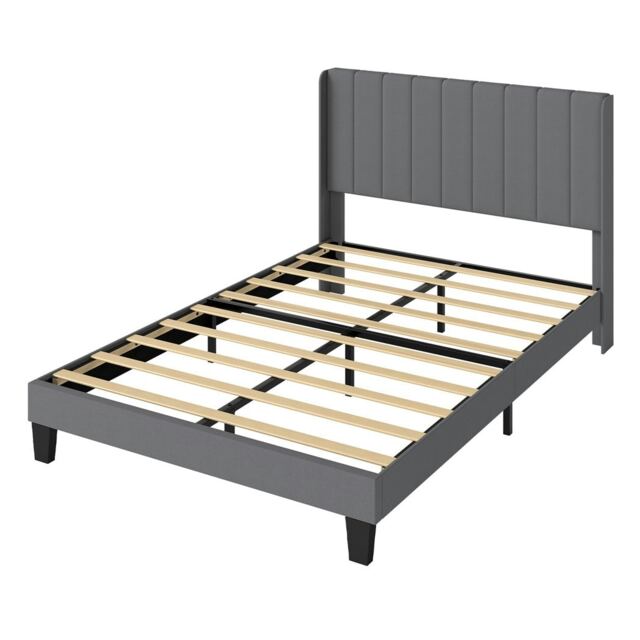 Levede Metal Wooden Bed Frame Double Panel Plush Upholstered Soft Headboard Grey