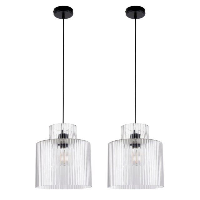 Set of 2 Portland - Matt Black Clear Ribbed Glass Ceiling Pendants