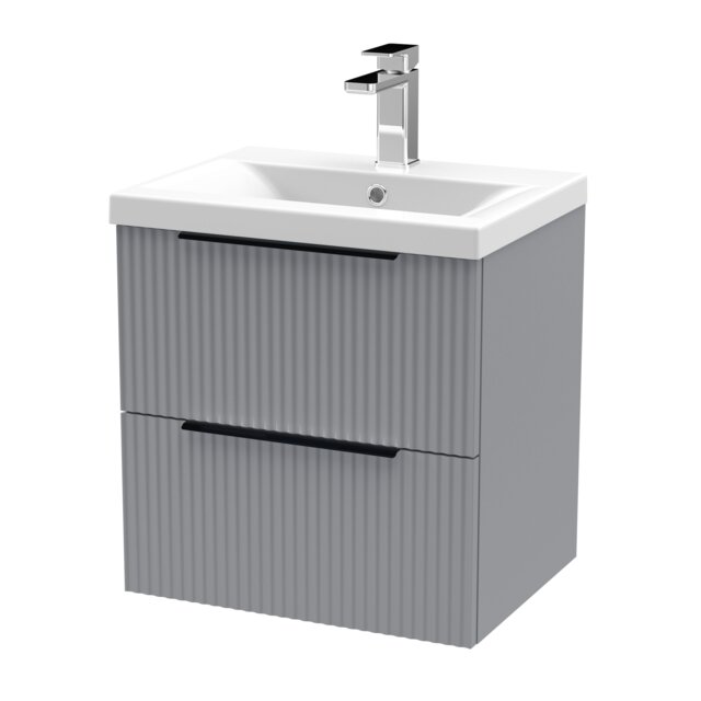 Balterley Fluted Front Wall Hung 2-Drawer Bathroom Vanity Unit 1 Tap Hole Basin - Handles Grey Satin Grey