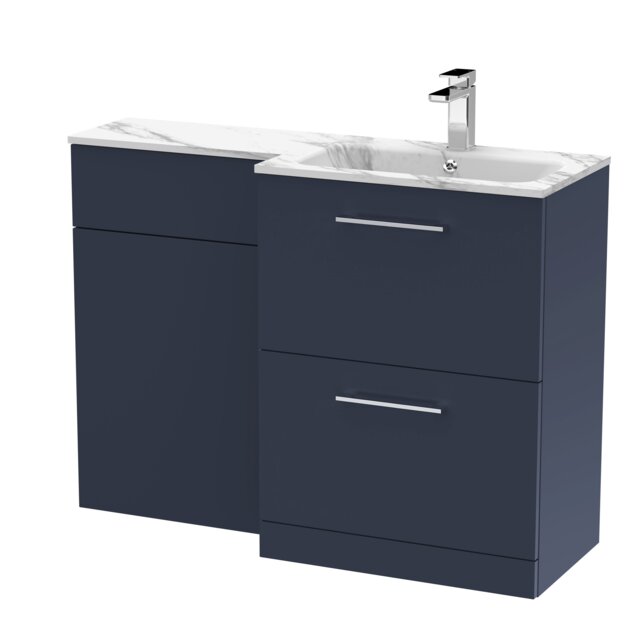 Balterley Bramshall Contemporary Floor Standing 2 Drawer Vanity Basin WC Combination Unit, Carrera Marble Stone Basin, Right Hand, 1100mm, Dark Blue
