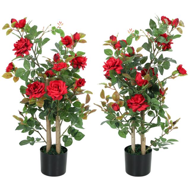 HOMCOM Artificial Rose Tree Set of 2 with 344 Silk Leaves & 17 Flowers Black Red One Size