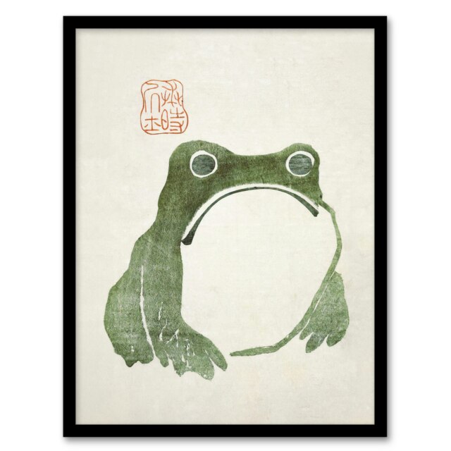 Vintage Japanese Cute Grumpy Matsumoto Hoji Frog Framed Wall Art Print A4 Green