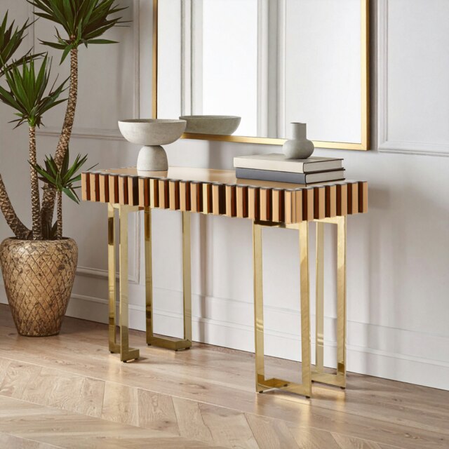 Orsina Reflective Gold Console Table with Drawer, Modern Mirrored Console Table, Gold Metal and Glass Console Table