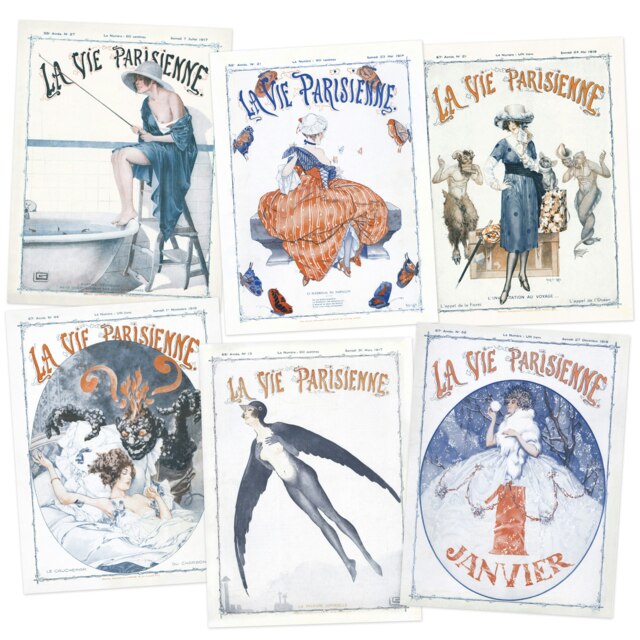 Pack of 6 Vintage French Magazine Cover Art Deco La Vie Parisienne Butterfly Poster Wall Art 12x16 Inch