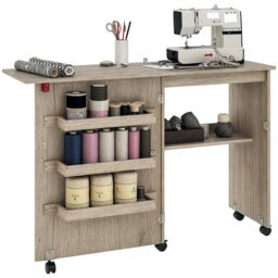 HOMCOM Folding Sewing Table Rolling Craft Table with Drop Leaf Wheels Grey Grey Grey