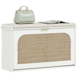 HOMCOM Boho Shoe Bench with Padded Seat and Flip-Drawer, White