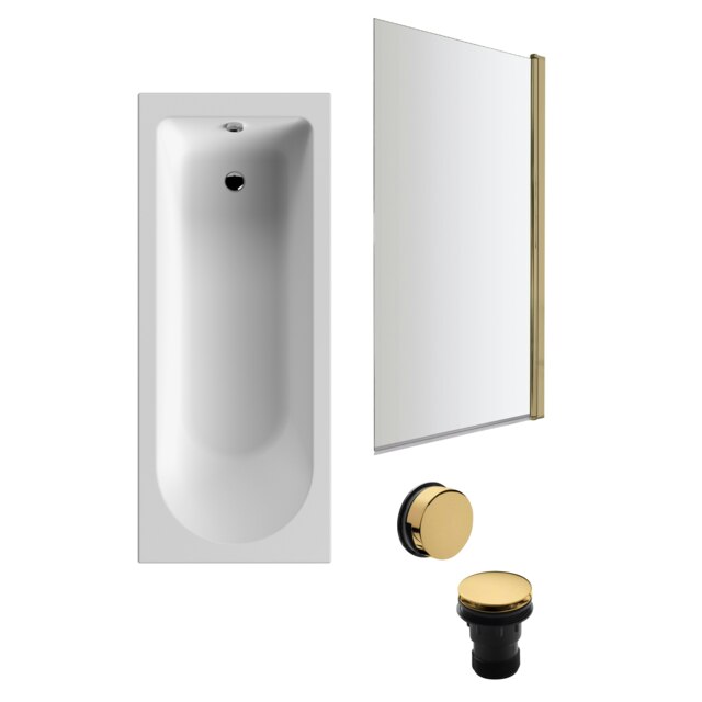Round Single Ended Bath, Square Brushed Brass Screen and Waste-1700x700mm White