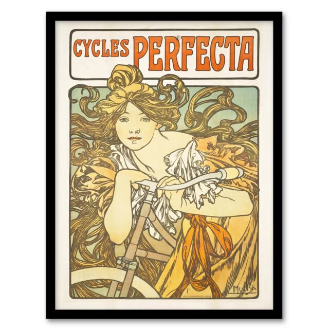 "Cycles Perfecta French Bike Advert Vintage Framed Wall Art Print Mucha 12x16"""